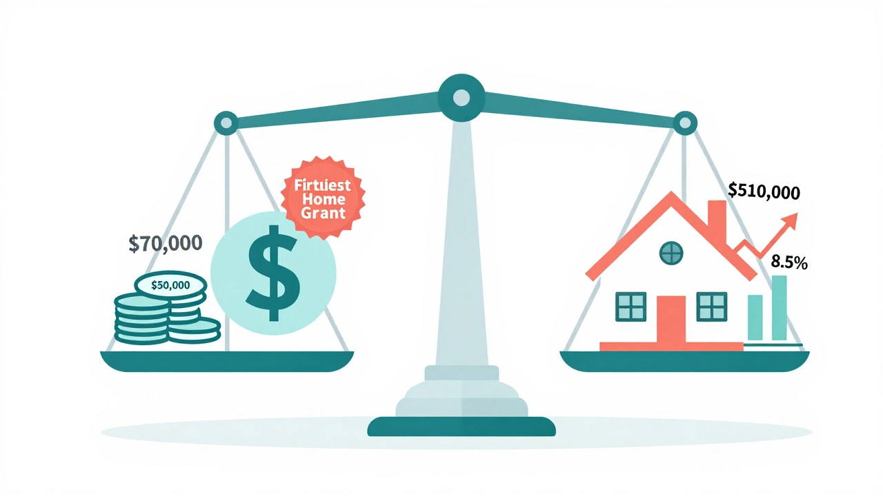 A financial scale balancing salary and deposit against a house price and mortgage stress test.