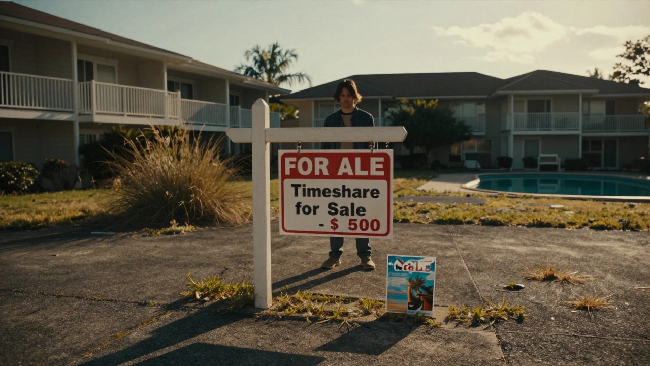 A for-sale sign on an abandoned timeshare unit, with a faded brochure on the ground.