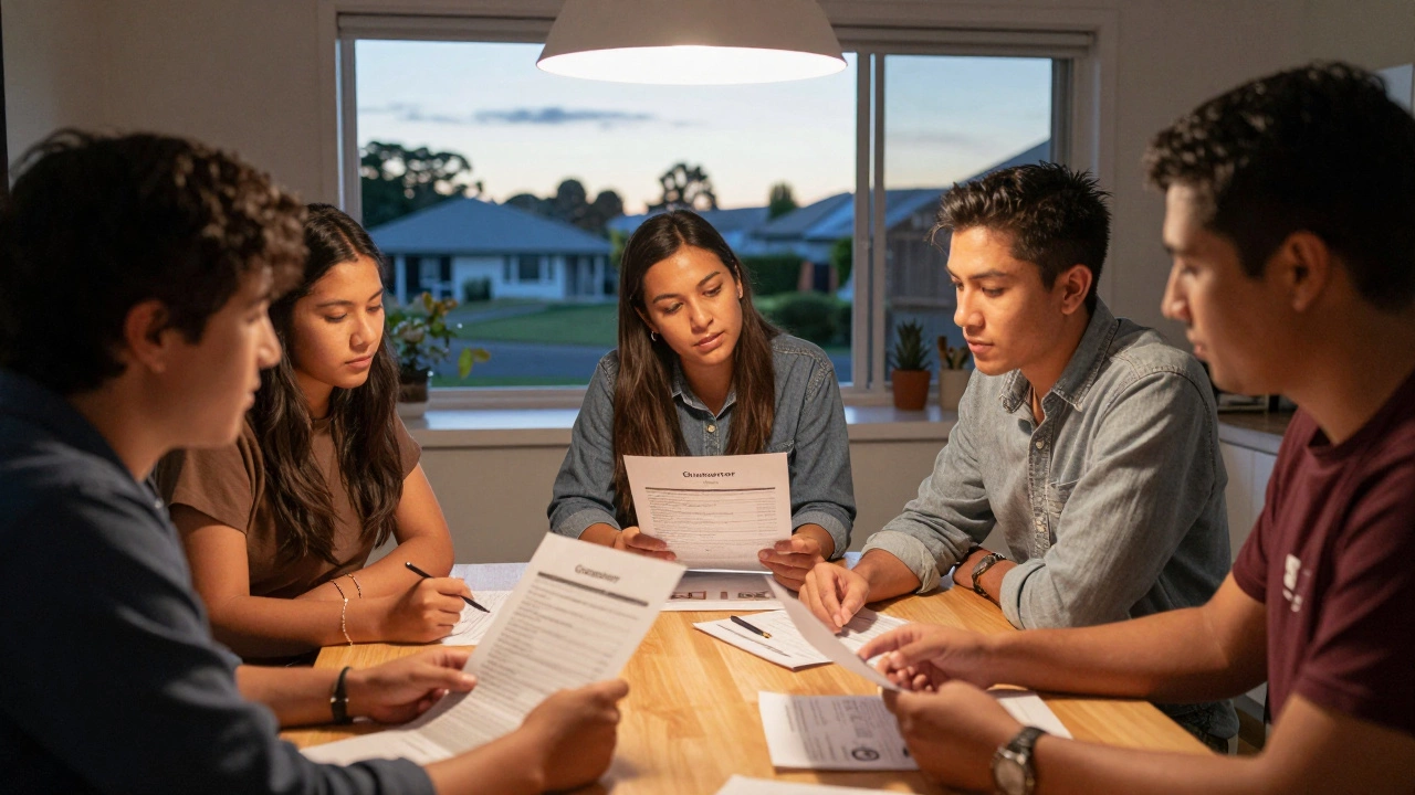 A group of first-time buyers meeting with a financial advisor at a kitchen table, reviewing home loan documents together.