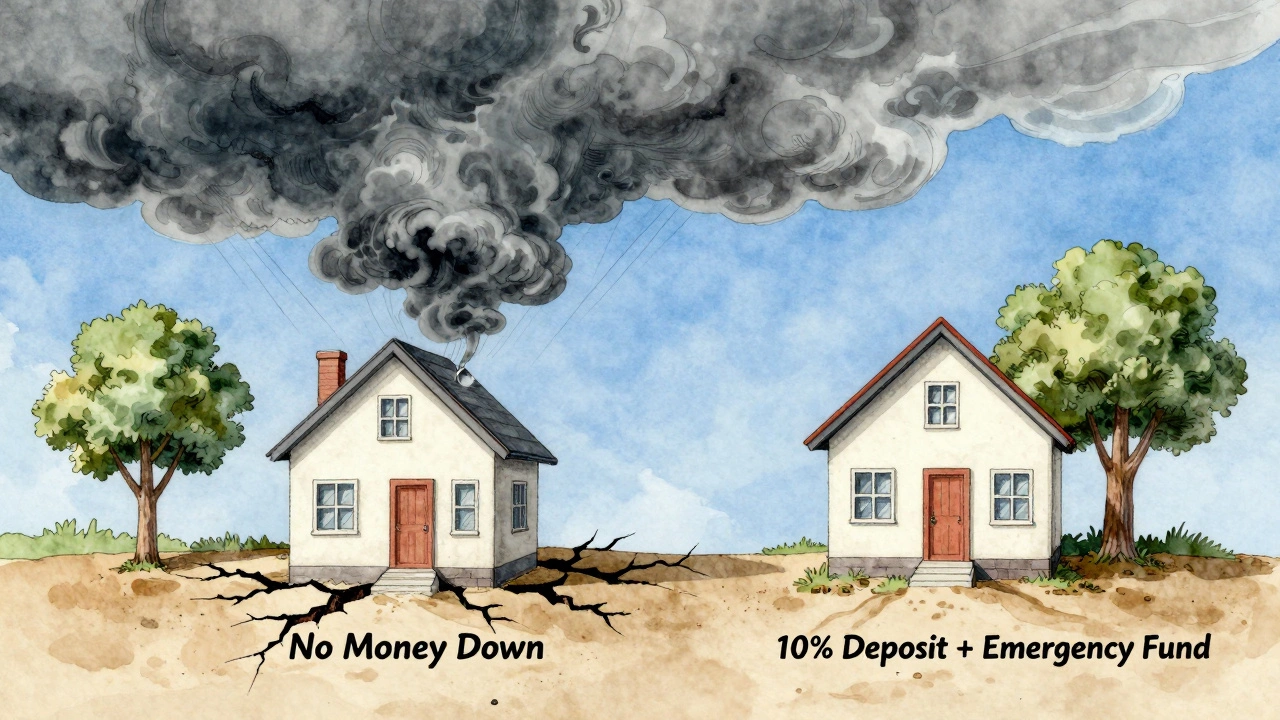 A house crumbling on sand labeled &#039;No Money Down&#039; vs. a sturdy home on a solid foundation labeled &#039;10% Deposit.&#039;