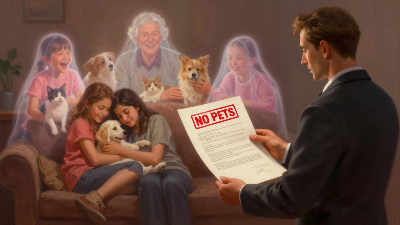 A landlord holds a lease with a 'No Pets' stamp, while ghostly images of loving pet families fade behind them.