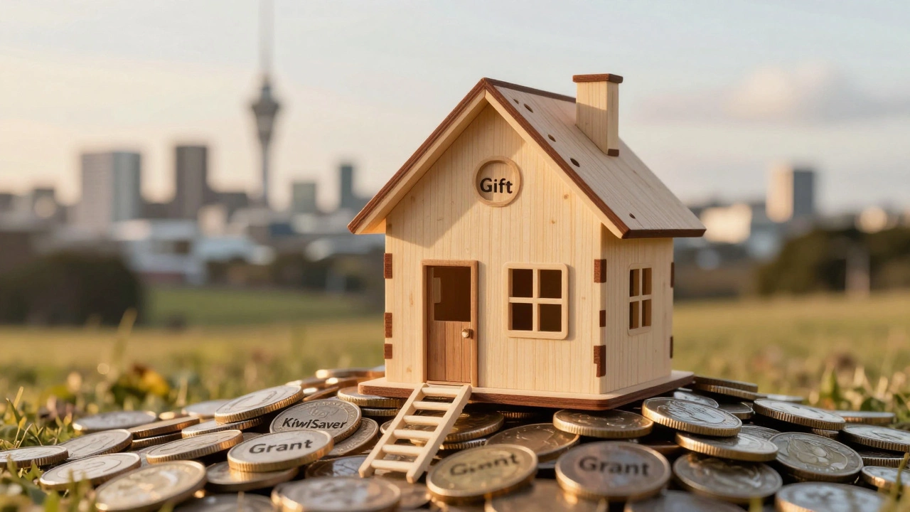 A small house rising from coins labeled KiwiSaver, Gift, and Grant under golden light.