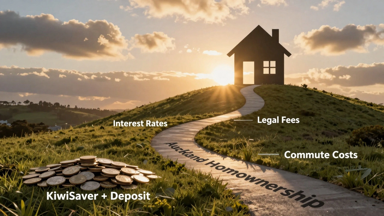 A symbolic path leading to a house with financial obstacles and a sunrise, representing the journey to homeownership.