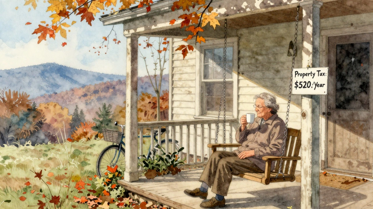 An elderly person on a porch swing in West Virginia, enjoying coffee with autumn leaves and a low-tax sign.