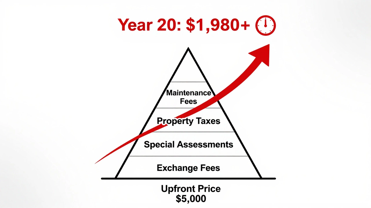 Cost pyramid showing rising annual fees over time, with a red arrow marking year 20 costs.