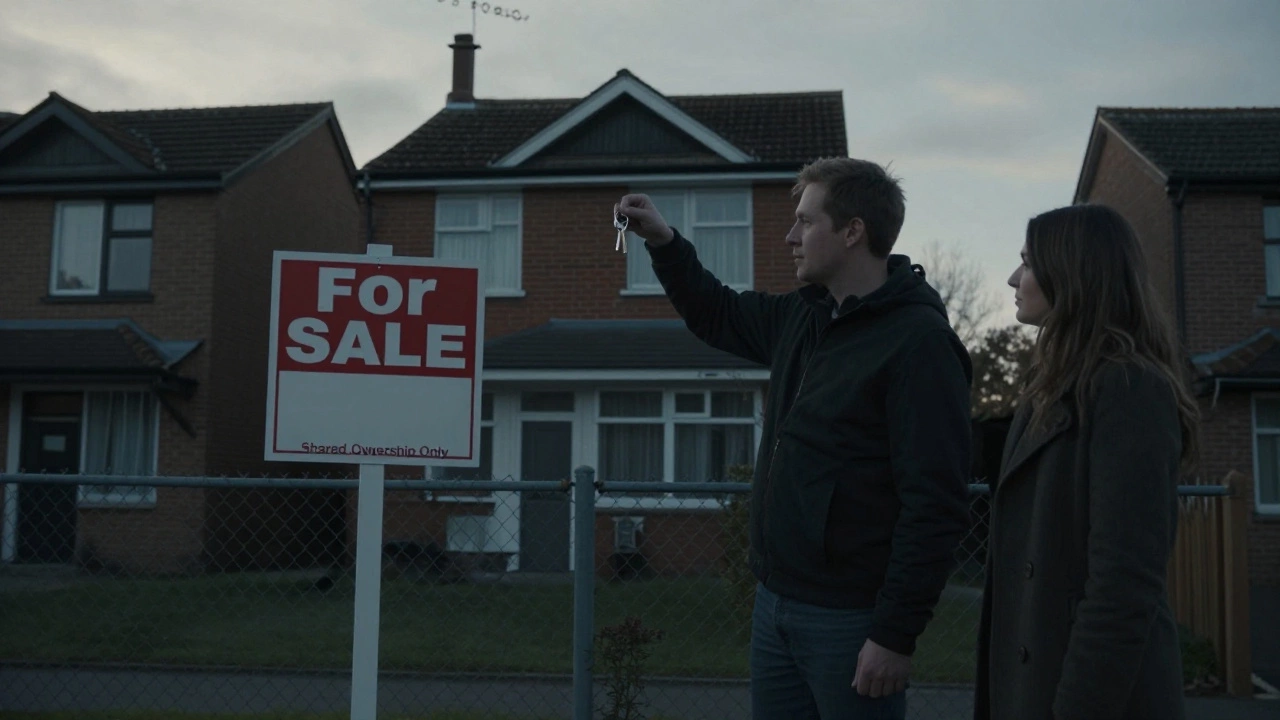 Couple holding keys outside a shared ownership home, looking at a 'For Sale' sign with small print restrictions.