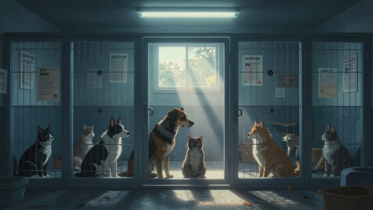 Dogs and cats sit quietly in a shelter kennel, gazing out through glass doors under dim fluorescent lights.