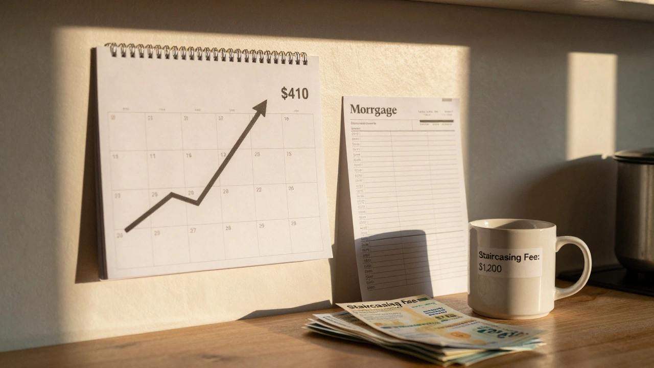 Kitchen calendar showing rent increases from 0 to 0 with mortgage papers and staircasing fee bills nearby.