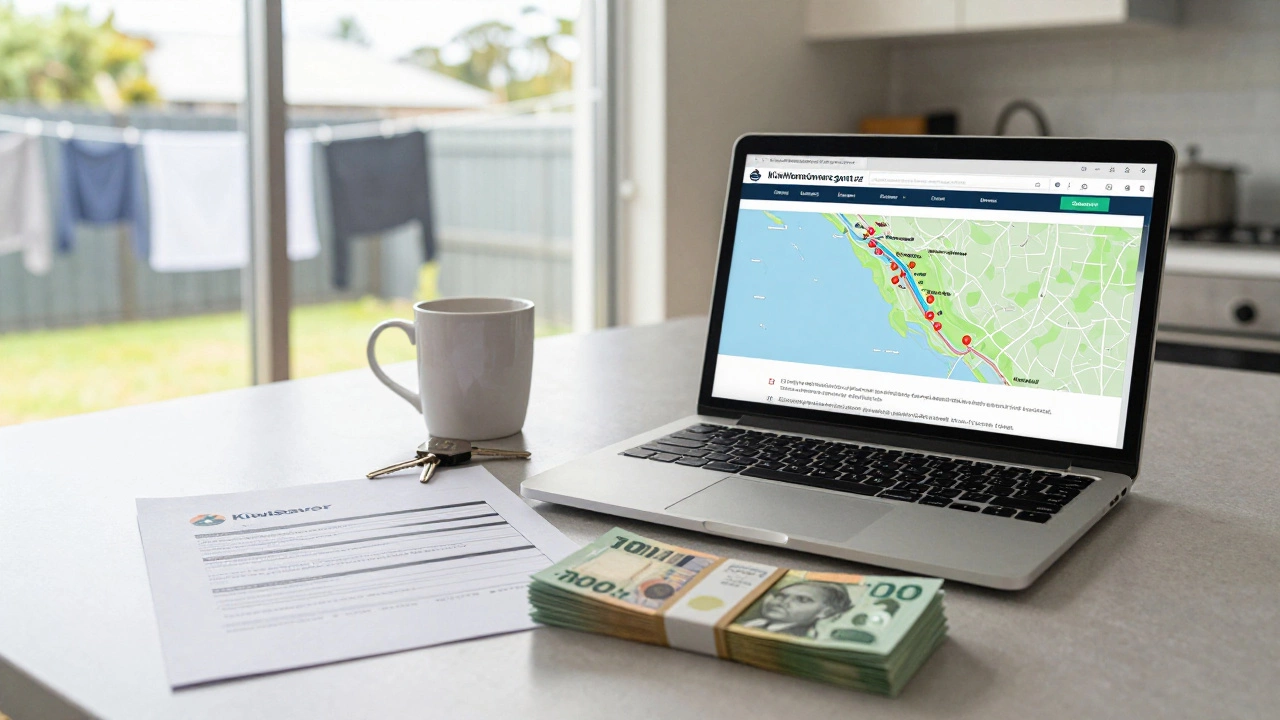 KiwiSaver statement and cash on a table with a laptop showing affordable housing website.