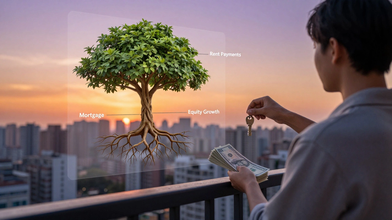Person on balcony holding key and cash, with transparent equity growth overlay behind them.