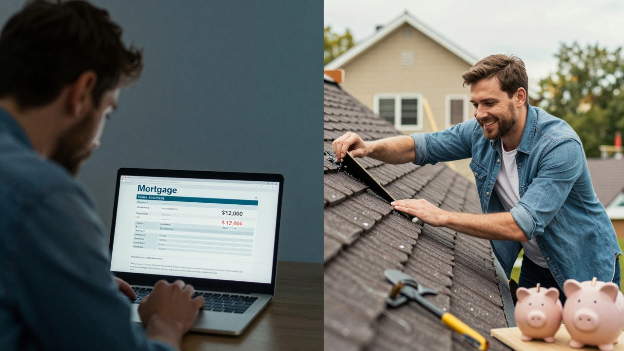 Split image: one side shows stress from rising mortgage costs, the other shows calm while repairing a home bought with savings.