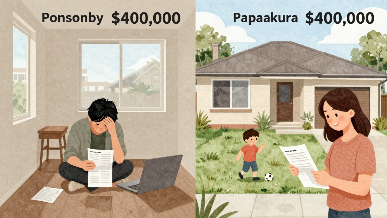 Split-screen comparison: a small apartment versus a larger home, both priced at 0k, showing different lifestyles.