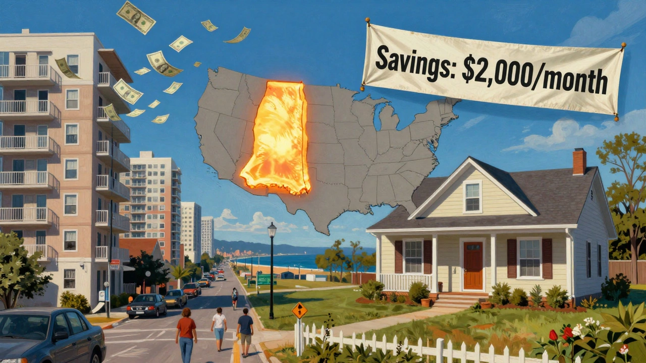 Split-screen contrast: expensive city living vs. affordable rural home with savings banner.