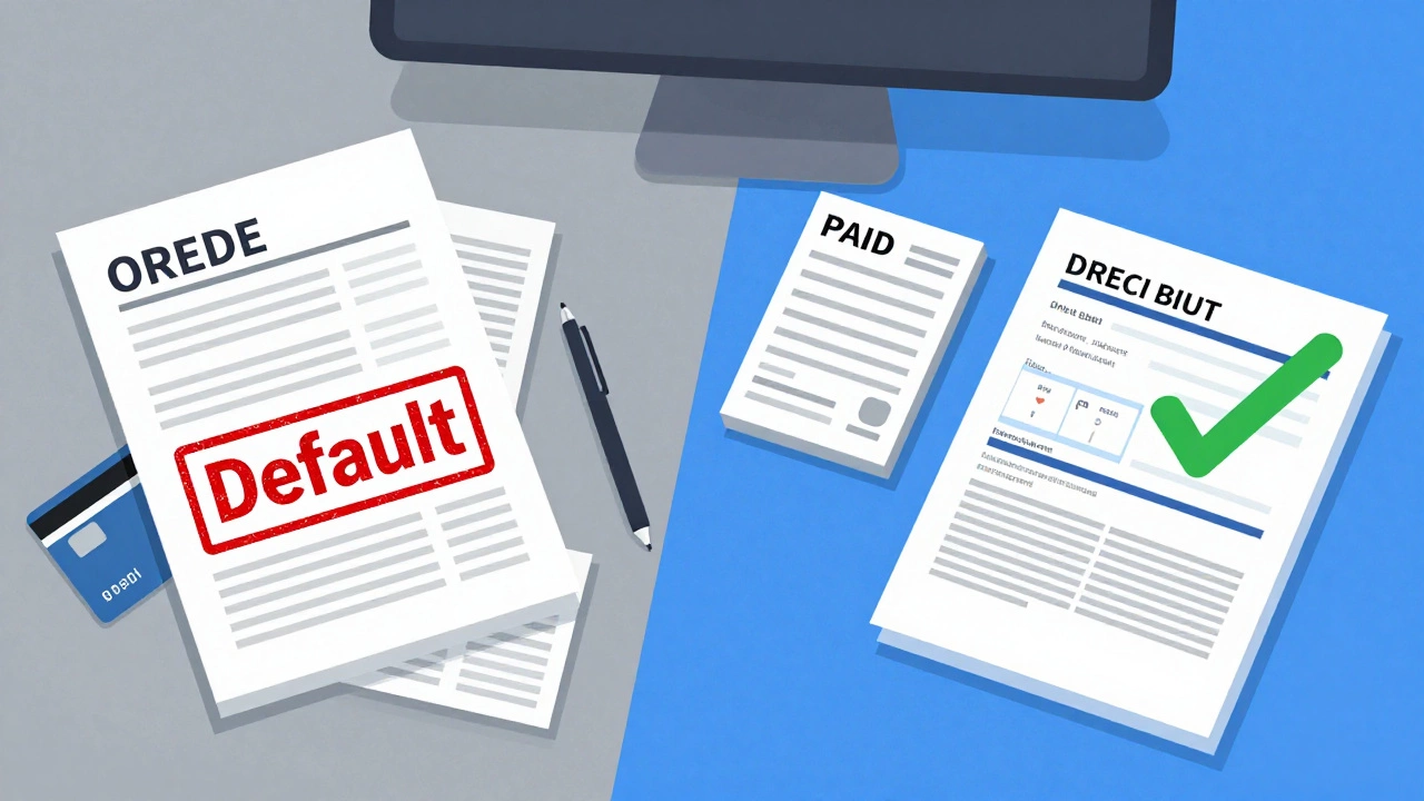 Split-screen showing messy unpaid bills versus an organized financial setup with paid receipts and clean credit report.