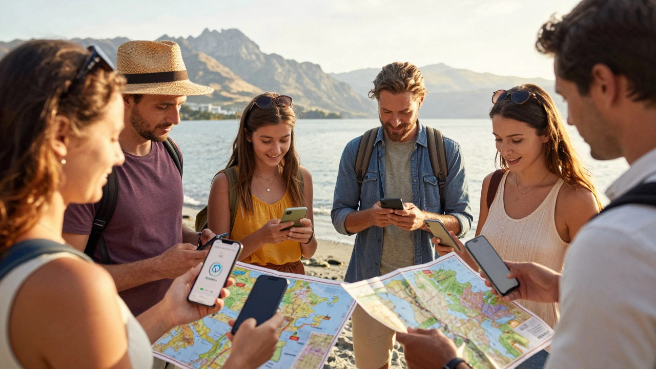 Travelers holding phones with vacation apps, standing on a beach with maps of international destinations.
