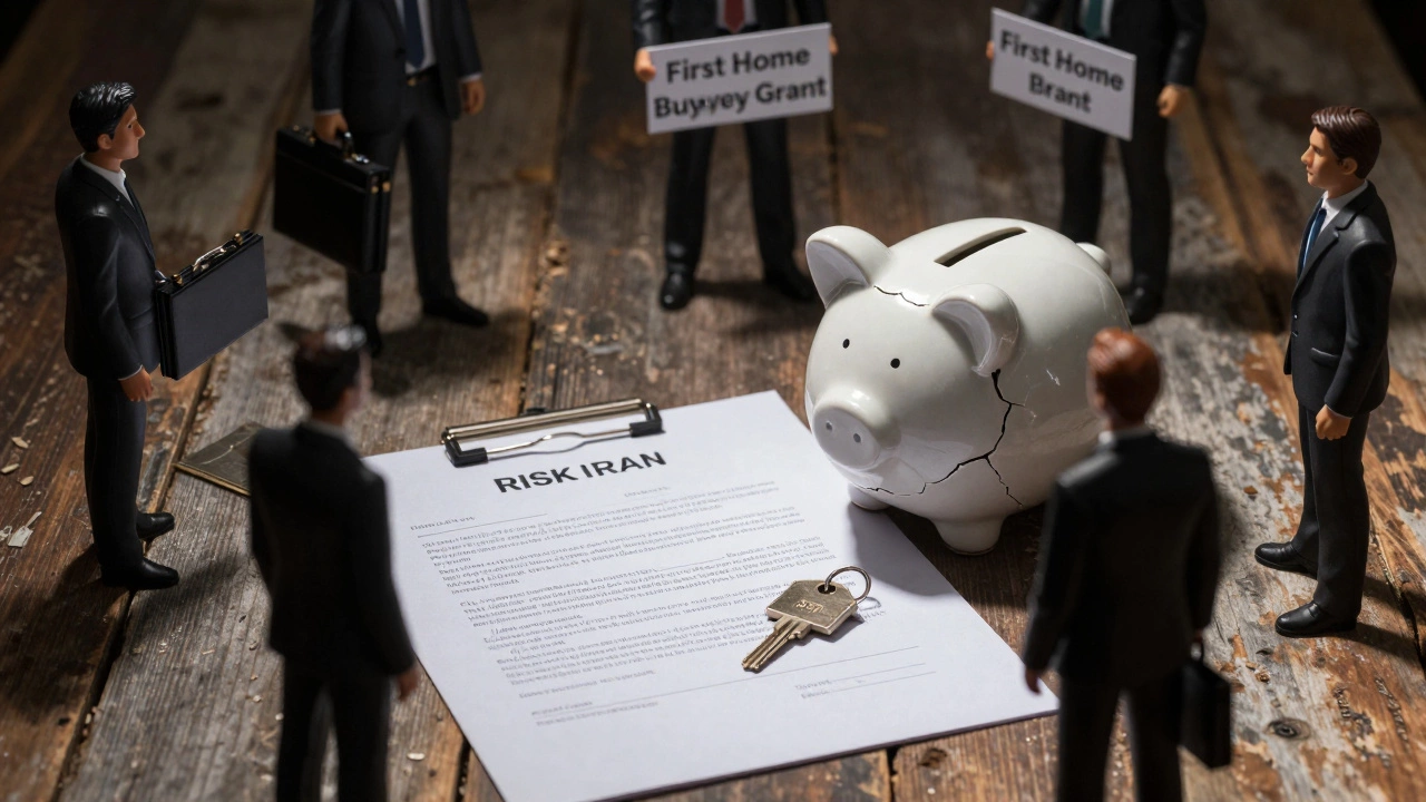 A cracked piggy bank beside a legal contract and house key, symbolizing financial risk in co-ownership.