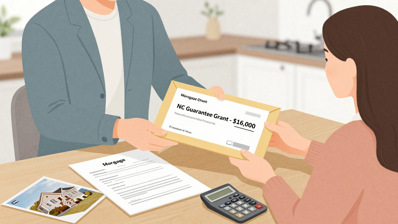 A financial advisor gives a grant envelope to a teacher at a kitchen table.