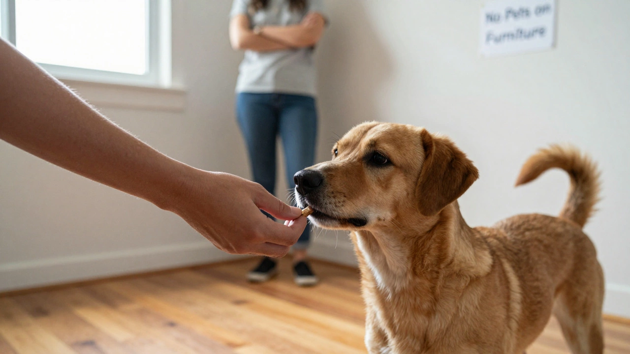 A hand offers a treat to a well-behaved dog on the floor, while the host looks relaxed in the background.
