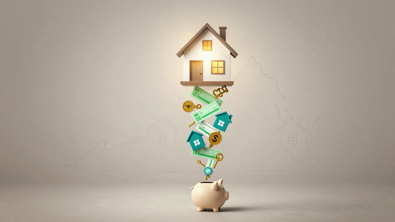 A symbolic staircase of homes rising from a savings jar, supported by grant symbols and Virginia's map in the background.