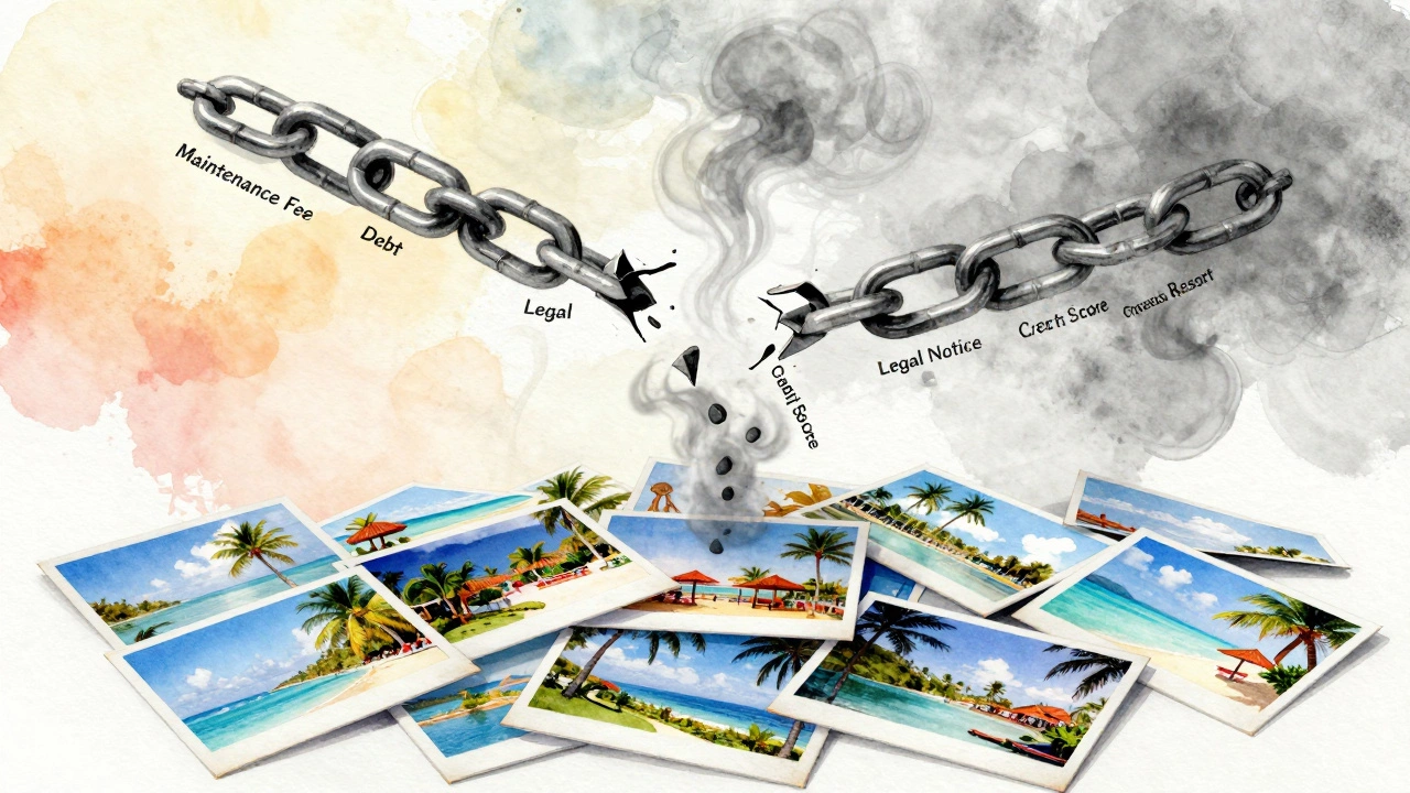 Broken chain links labeled with timeshare burdens dissolving into smoke above vacation photos.