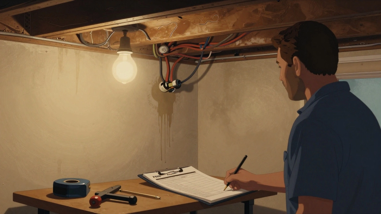 FHA appraiser inspecting outdated knob-and-tube wiring in a dim basement with water stains on walls.