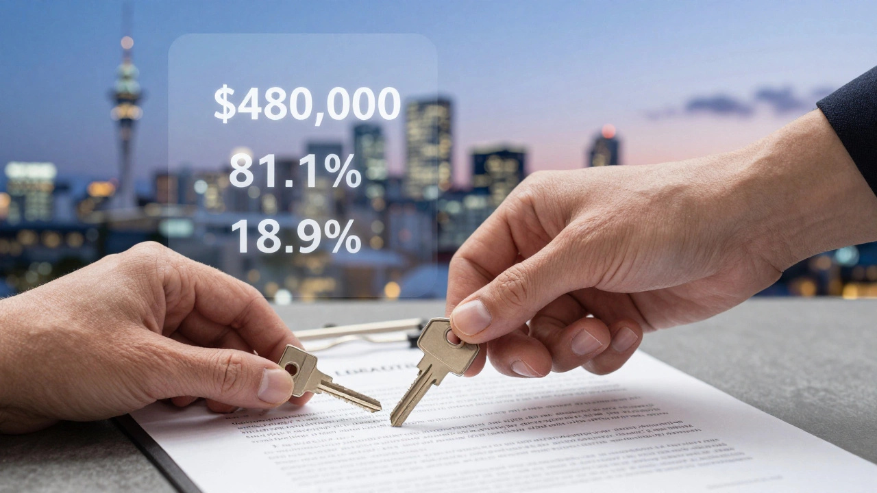 Hands shaking over a house key with financial percentages fading into a city skyline.