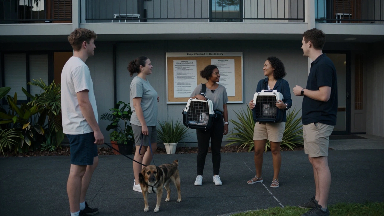 Neighbors chat in a courtyard, one walking a dog, others with pets, showing quiet community respect.