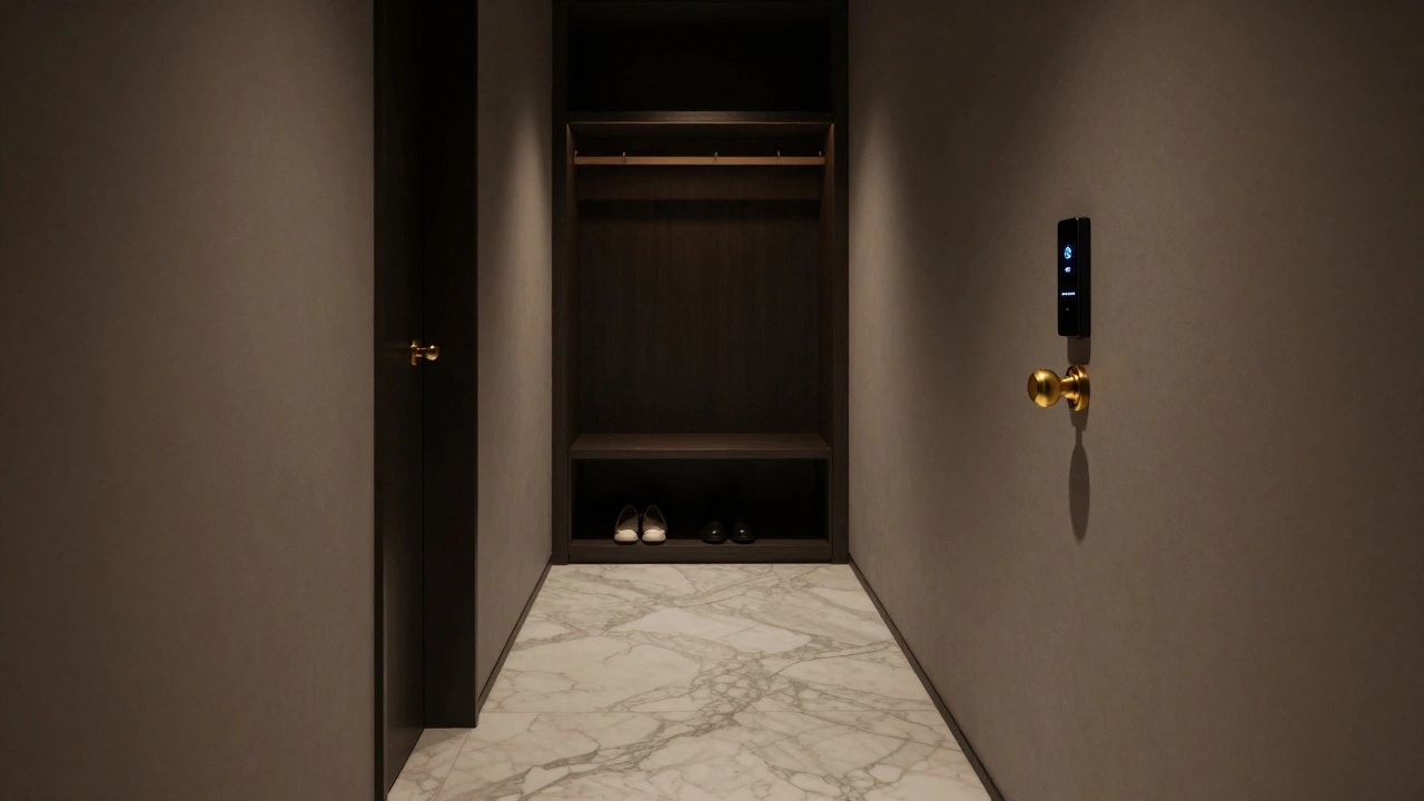 Quiet hallway in high-end apartment with brass doorknob and heated marble floor, no people visible.