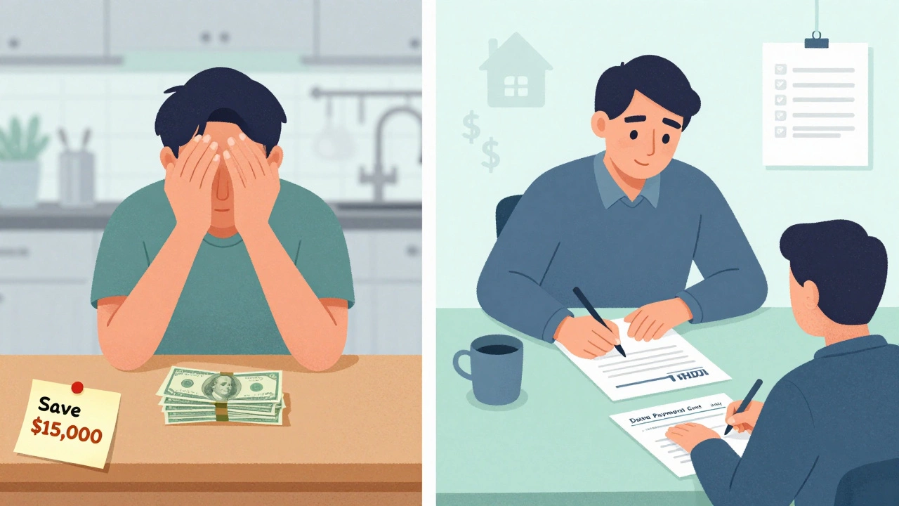 Split illustration showing financial struggle on one side and homebuying success with a grant on the other.