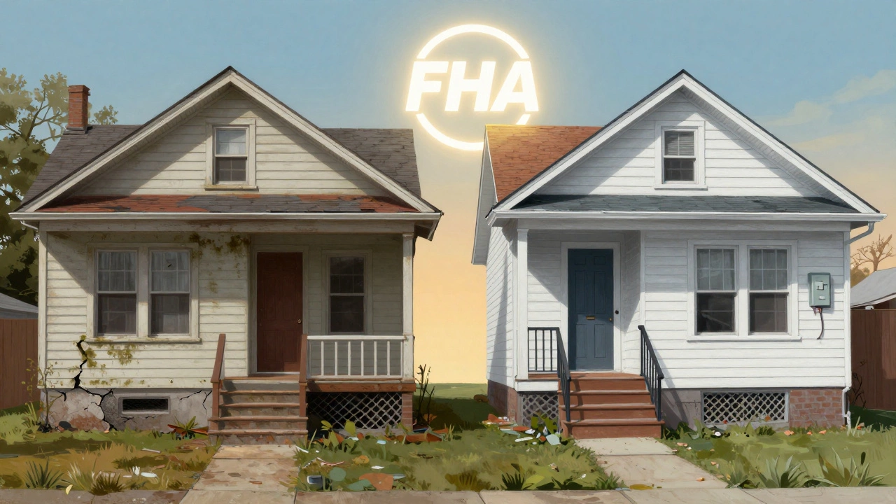 Split image of a home before and after FHA repairs, symbolizing safety and compliance.