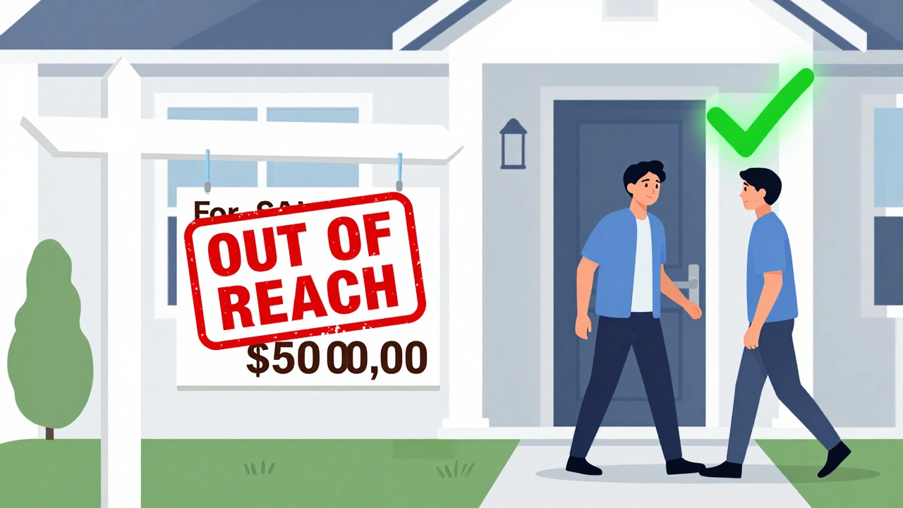 Split image: stressed buyer vs. happy homeowner with NC Guarantee Grant logo.