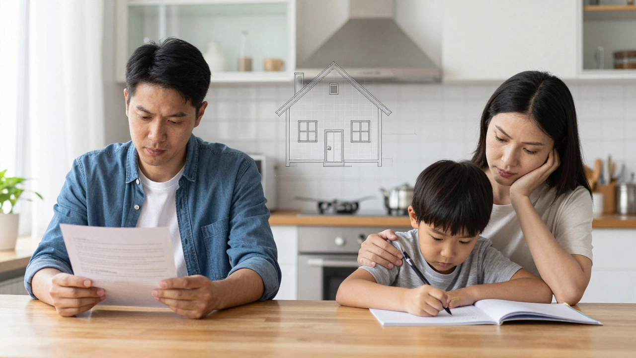 Split kitchen scene showing husband with mortgage papers and wife with child, house blueprint overlay.
