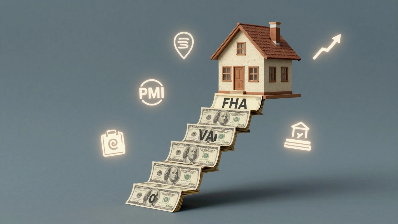 Staircase of dollar bills leading to a house, representing low-down-payment paths to homeownership.