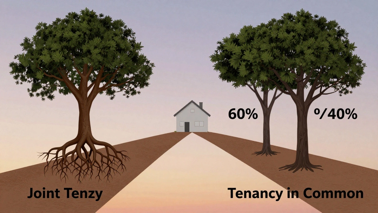 Two symbolic paths leading from a house, representing joint tenancy and tenancy in common ownership structures.