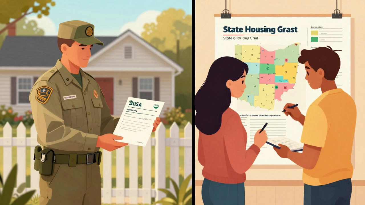 Veteran and young woman receiving homebuyer assistance in rural and state program settings.