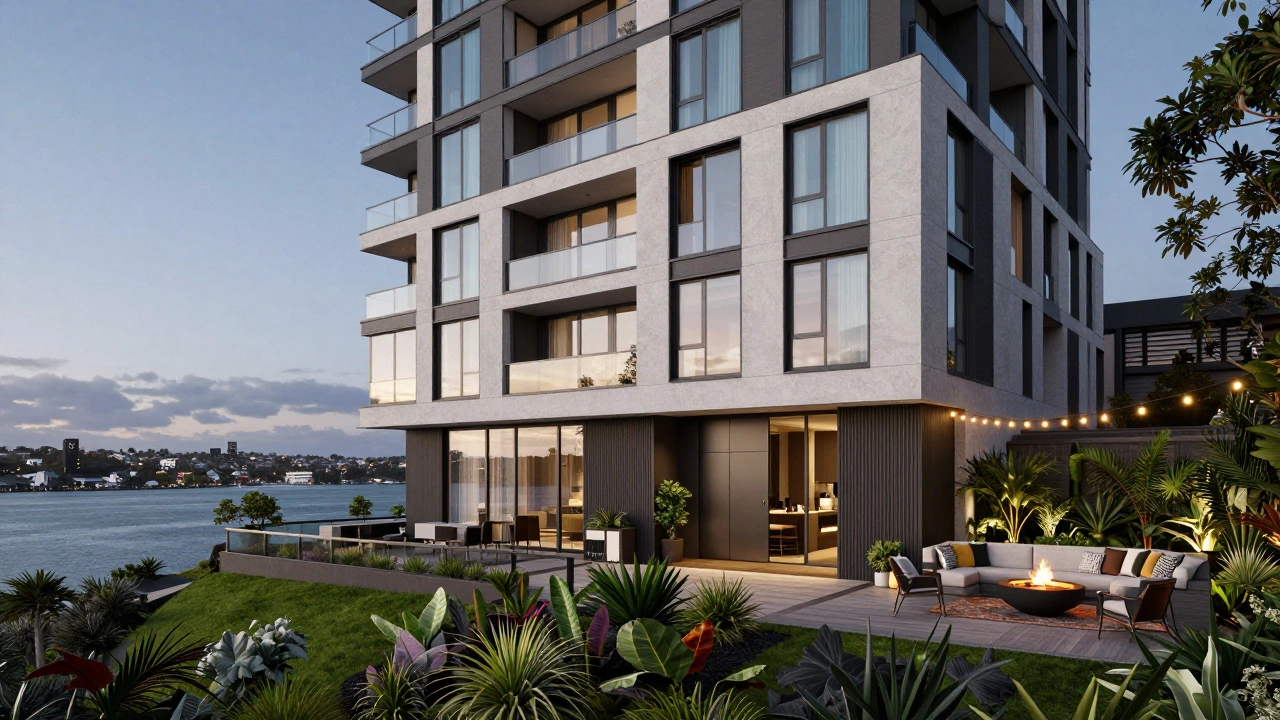 Waterfront luxury building with rooftop terrace, fire pit, and botanical gardens at dusk.