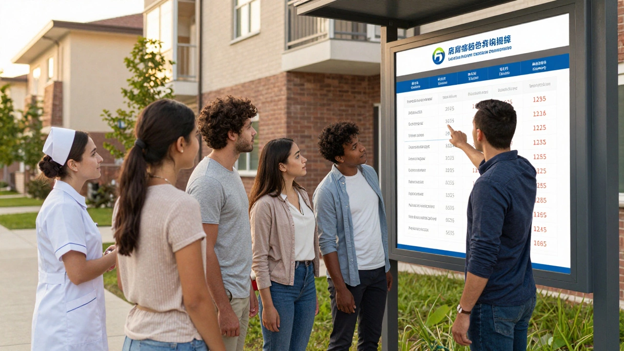 A diverse group of buyers examining an interactive kiosk about shared ownership at a housing complex.
