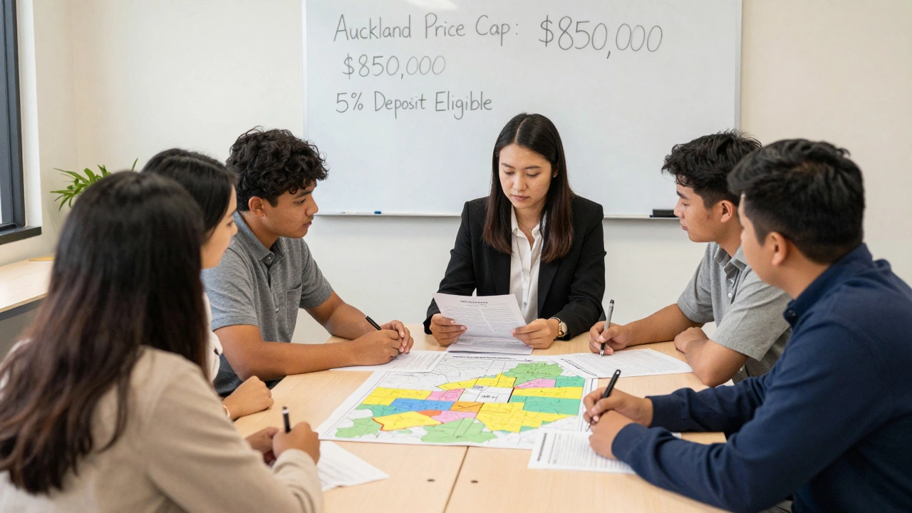A group of people meeting with a housing adviser in a community center, reviewing homebuying options.