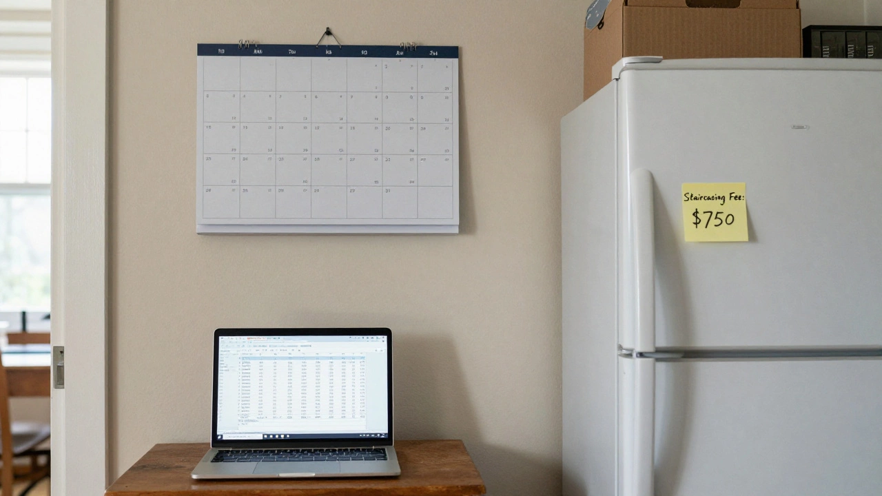 A living room with a calendar showing mortgage and rent payments, and a sticky note for staircasing fees.
