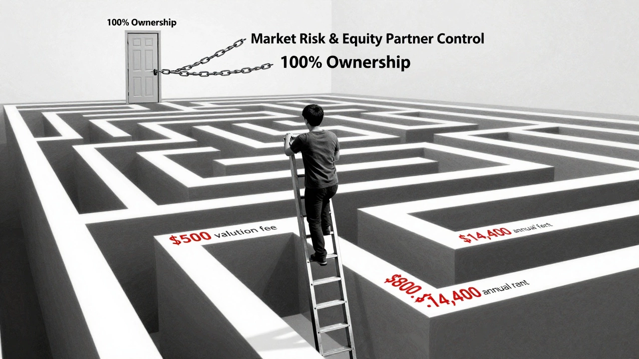 A person climbing a ladder of fees and rent toward distant homeownership, blocked by chains labeled market risk.