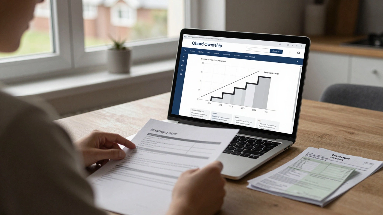 A person reviewing shared ownership documents at a kitchen table with a staircase progress diagram on screen.