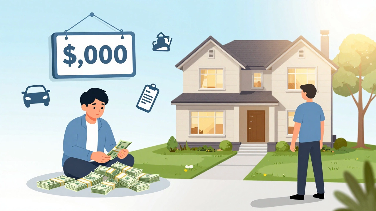 A person transitioning from debt symbols to a home, representing financial progress toward homeownership.