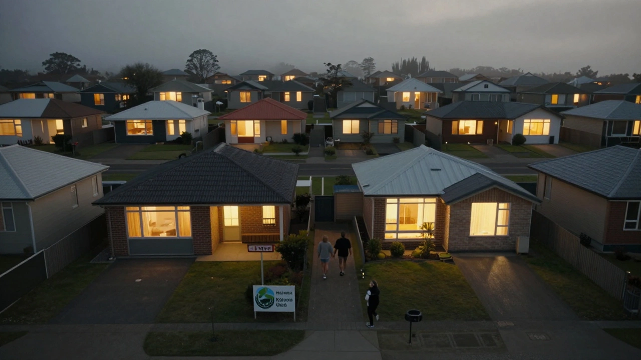 A quiet neighborhood of shared ownership homes at dusk, a couple walking home together.