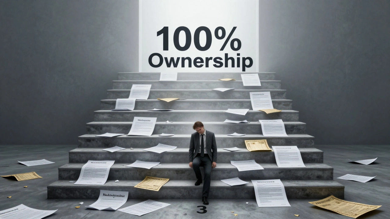 A symbolic staircase of financial documents leading to an unreachable '100% Ownership' top, with a weary figure stuck midway.
