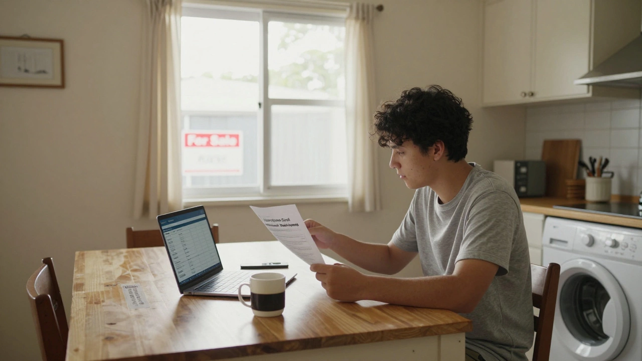 A young buyer reviewing home loan documents at a kitchen table in a simple Manukau house with sunlight streaming in.