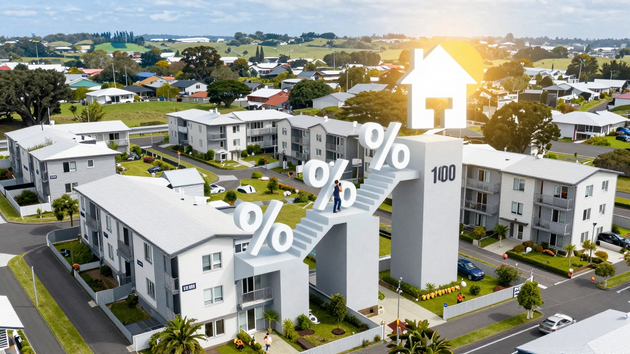 Aerial view of a shared ownership housing development with symbolic staircase leading to a home icon.
