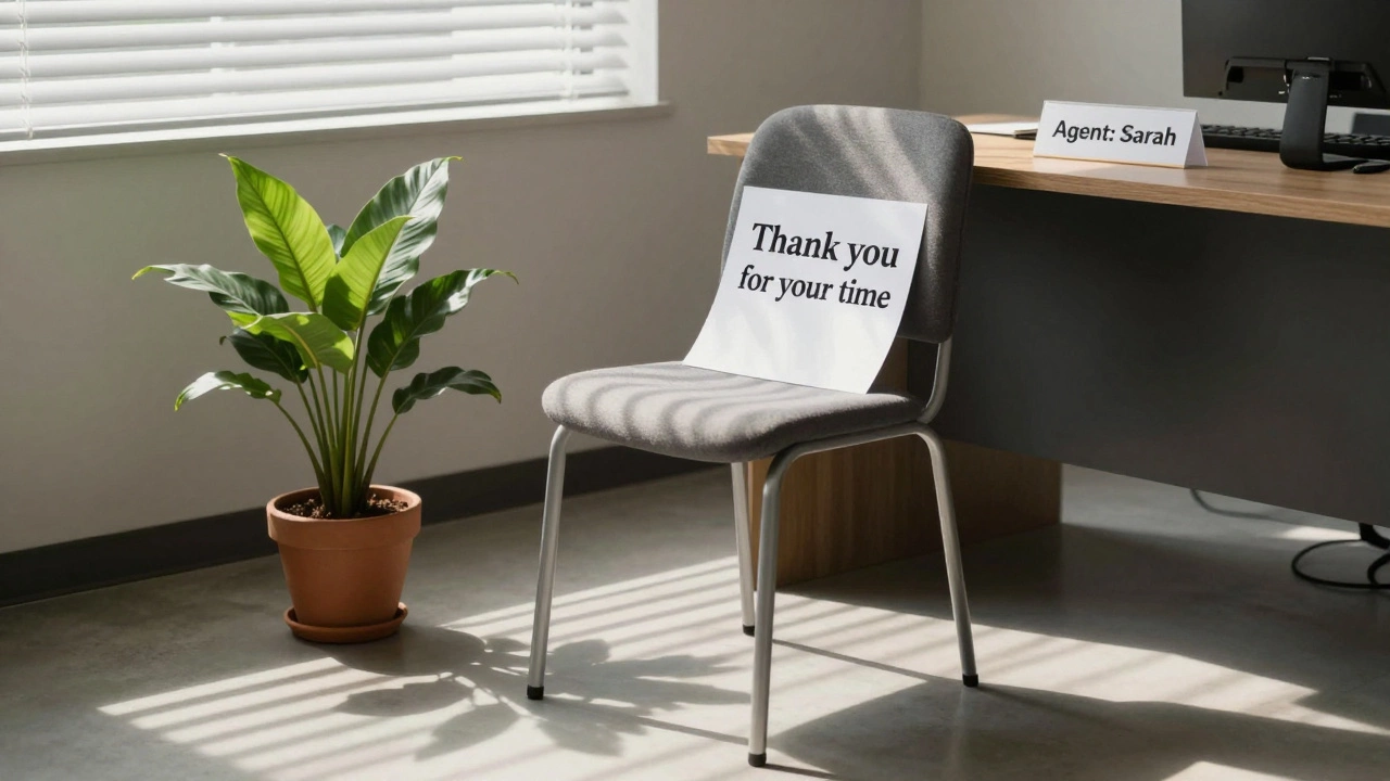 An empty chair in an office with a thank-you note, symbolizing respectful closure.