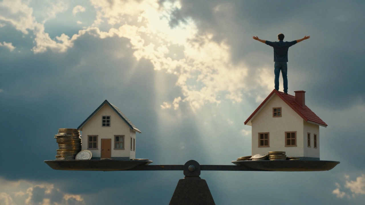 Balanced scale showing rent payments versus growing equity in a shared ownership home.