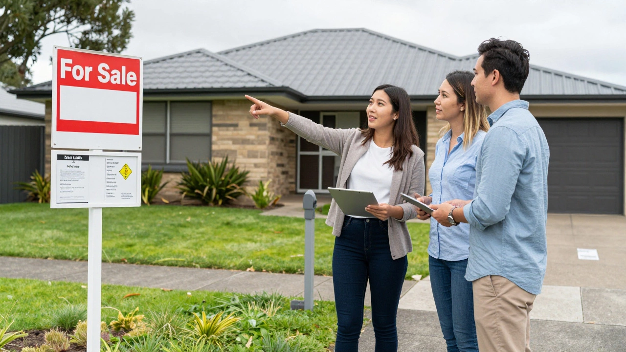 Estate agent explaining local neighborhood features near a New Zealand home for sale