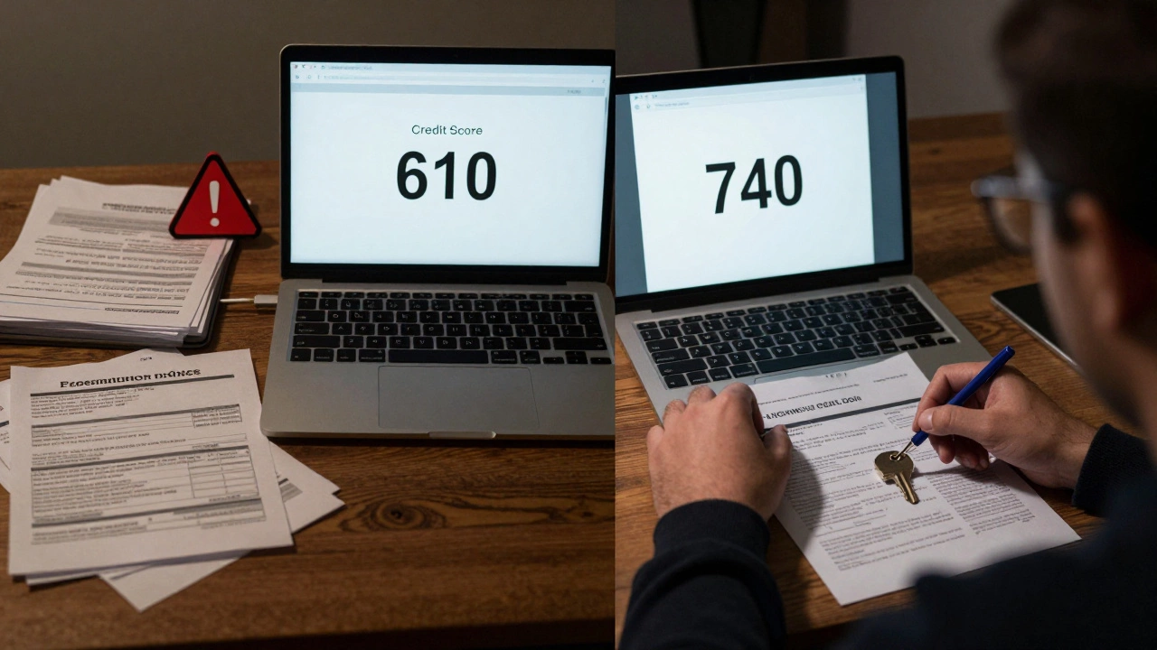 Split-screen: left shows financial stress with low credit score, right shows improved finances and house key.
